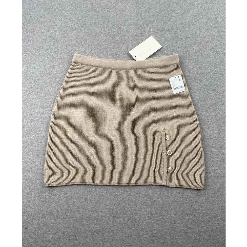 NWT Free People Celmo Button Mini Skirt Tan Womens L Ribbed Knit Sweater